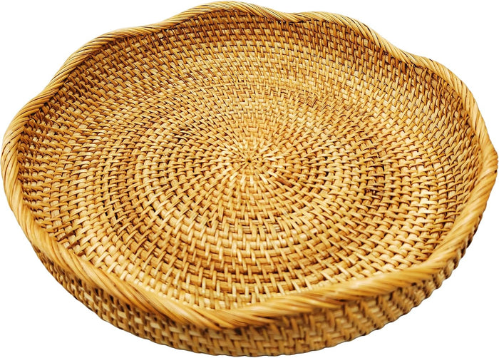 Large 16" Handwoven Rattan Serving Tray & Fruit Basket, Natural Wicker Decorative Bowl for Kitchen Island, Rustic Farmhouse Entryway Organizer & Boho Table Centerpiece