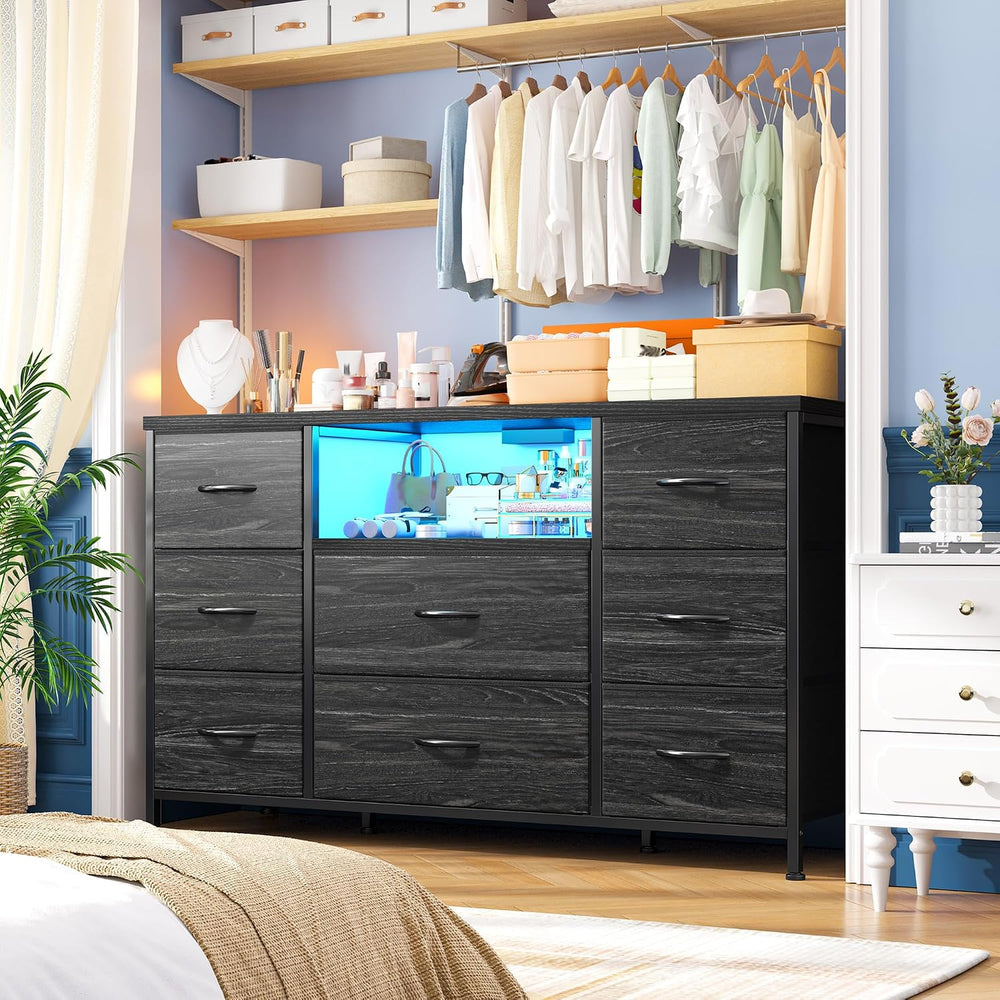 EnHomee Black Dresser for Bedroom with LED Lights & Charging Station