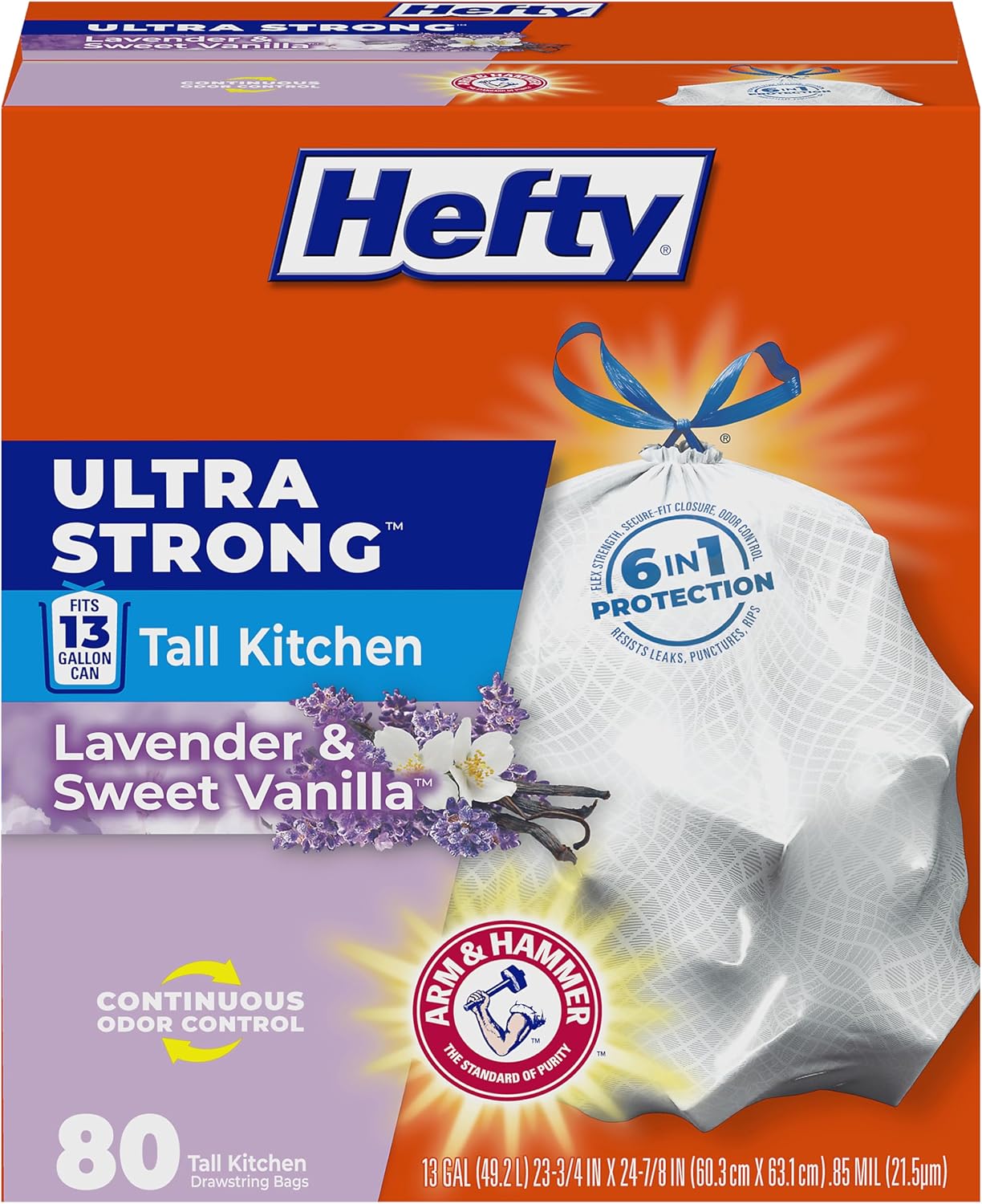 Hefty Ultra Strong 13 Gal Kitchen Trash Bags, White, Lavender Vanilla, 80ct | 13G Tall White Trash Bags with Drawstrings for Kitchen and Home Use, Resists Leaks, Punctures, Rips, Continuous Odor Control