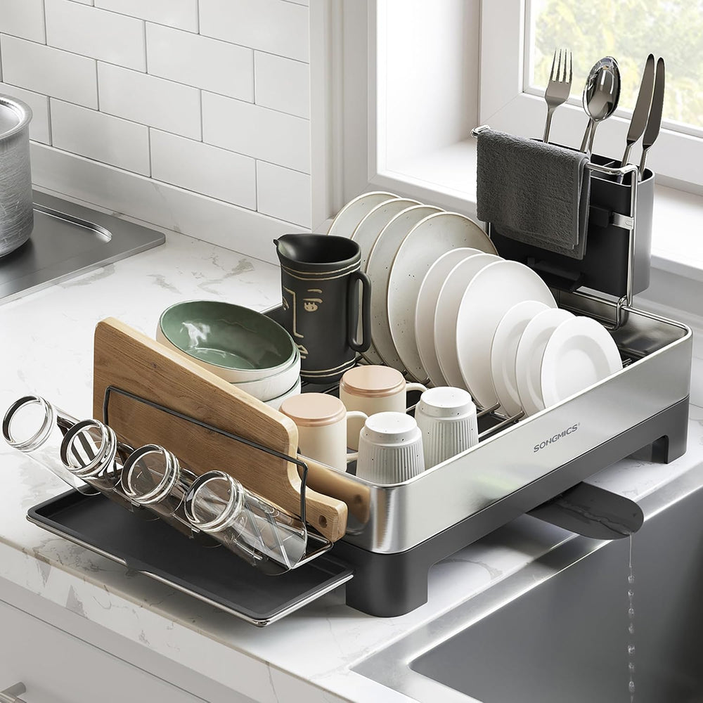 SONGMICS Dish Drying Rack, Stainless Steel, Extendable Spout