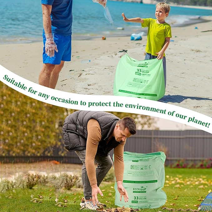 ECOLipak 33 Gallon Compostable Trash Garbage Bags, US BPI ASTM D6400 and OK - Image 7