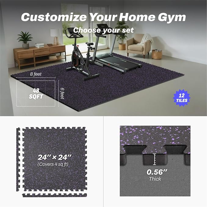AIRHOP 0.56in Thick 48 Sq Ft Exercise Equipment Mats, 12 Tiles Upgraded Rubber - Image 4