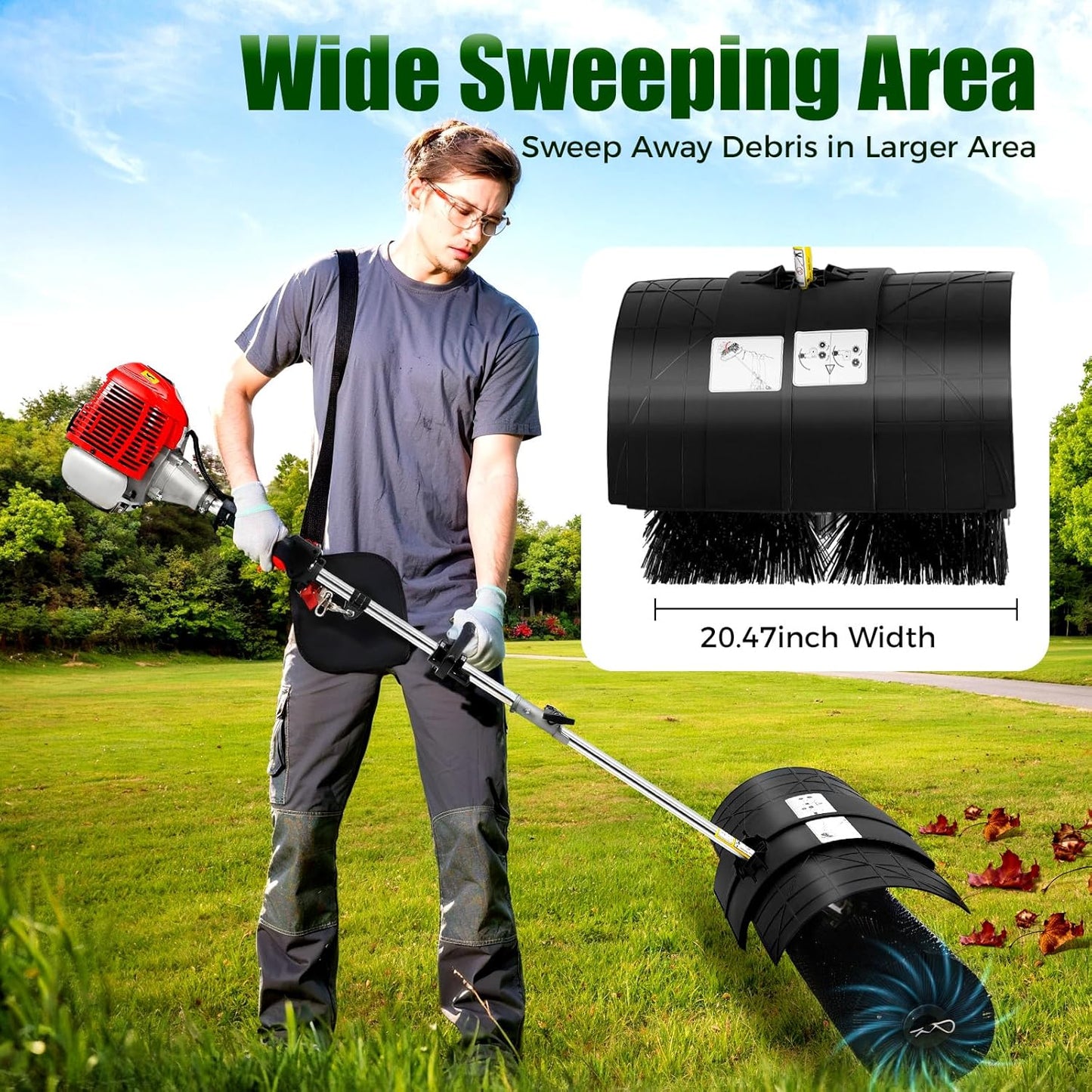 Gas Power Broom Sweeper, 52cc 2.3HP 2 Stroke Handheld Power Broom Artificial Grass Brush Gasoline Lawn Sweeper for Cleaning Driveway Turf Lawns Artificial Grass