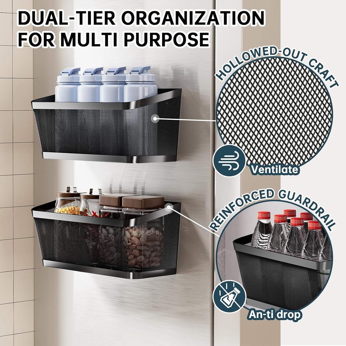 2Pcs Magnetic Spice Rack for Refrigerator, Magnetic Shelves(Extra Large) | Powerful Magnet Hanging Basket Holder, Magnetic Organizer Shelf for Fridge, For Seasonings Fruit Vegetables Coffee Beans