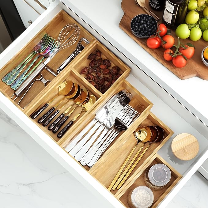 Bamboo Drawer Organizer Set, Junk Drawer Divider and Storage Trays Containers - Image 2