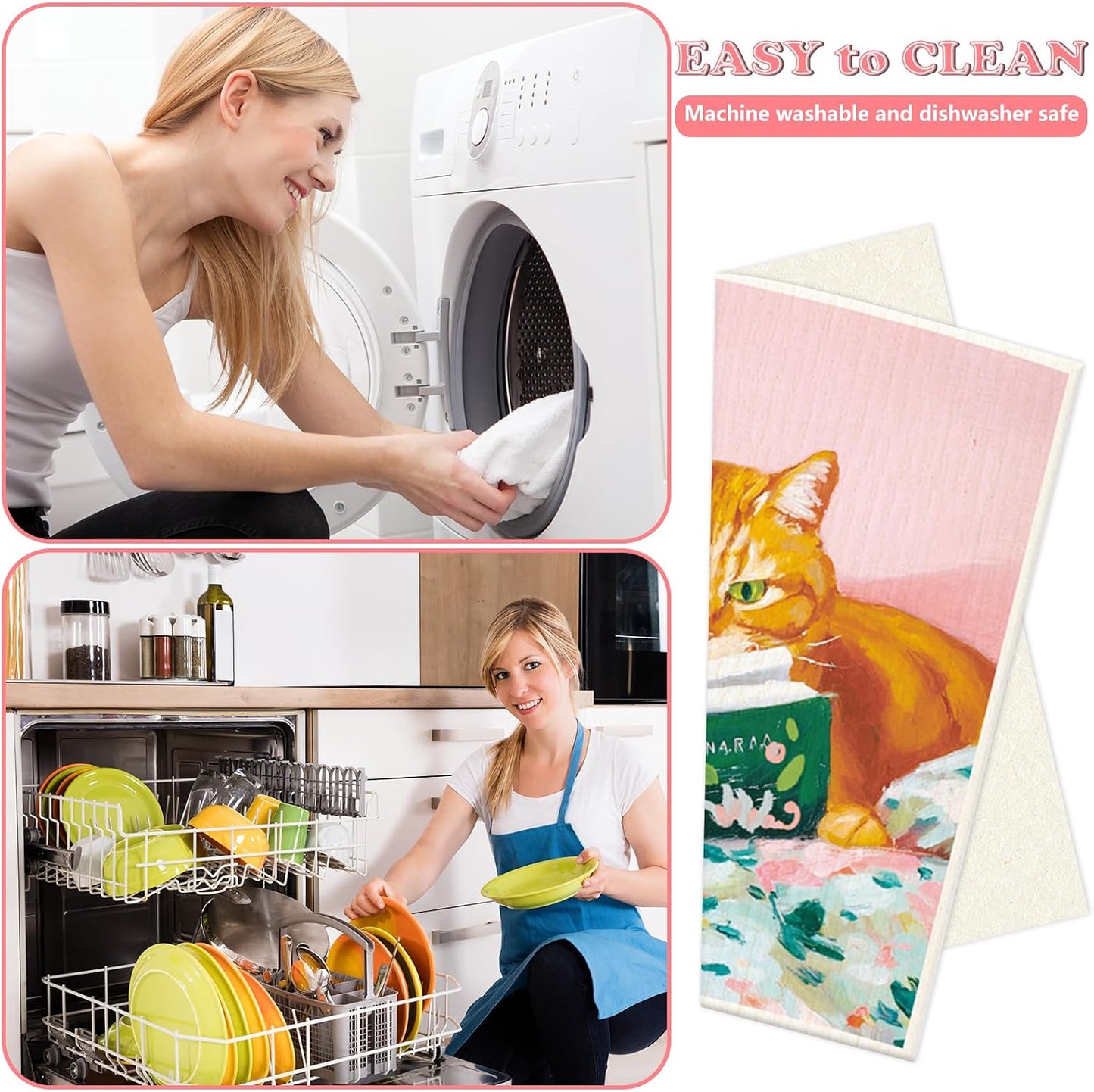 JarThenaAMCS 6 Pcs Reading Cat Swedish Dishcloths Cotton Kitchen Towels 6 Designs Reusable Absorbent Dish Towels for Autumn Home Party Housewarming Cleaning, 7 x 8 Inch