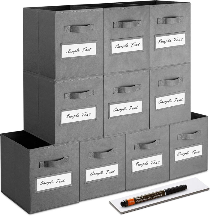 11 Inch Storage Cube,Storage bin (Set of 10) Foldable Fabric Cube Storage Bins with 10 Labels Window Cards & a Pen,Baskets Containers for Shelves,Closet Organizers Box for Home & Office,Gray