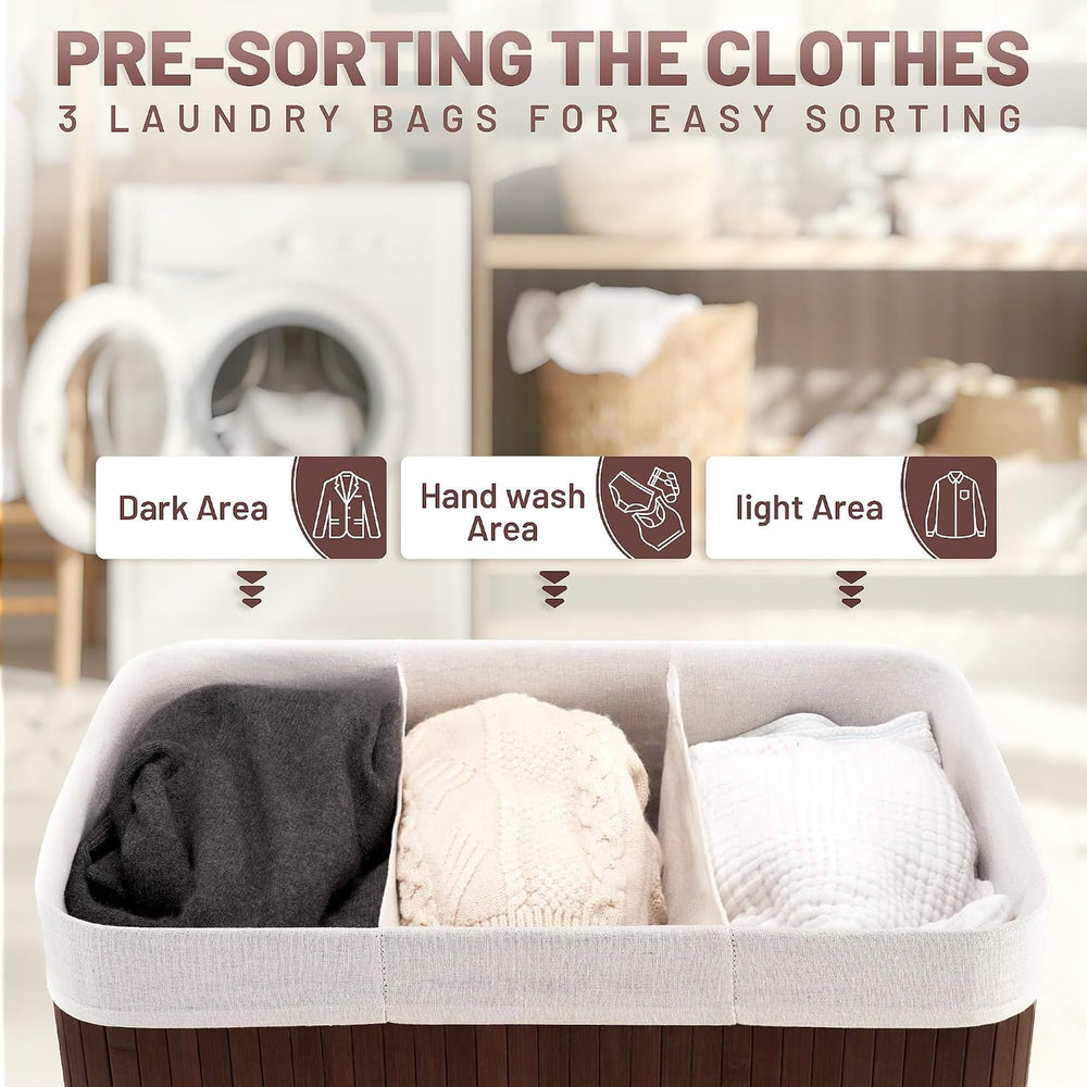 Aliphon 150L Laundry Hamper with lid, 3-Section Clothes Laundry Basket with H...