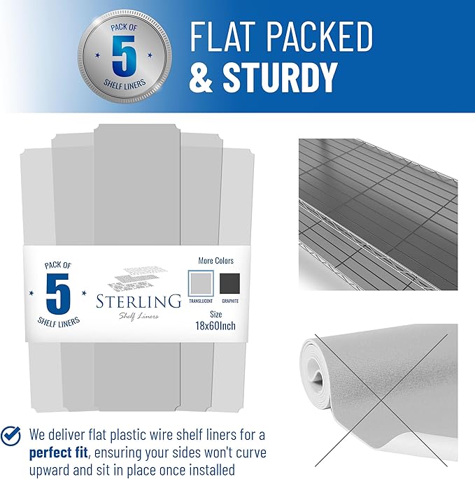 Shelf Liners for Wire Shelf System: Set of 5 in Clear: 18 x 60 inch: Plastic - Image 3