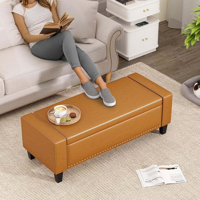 48.8" Storage Ottoman Bench Brown | Faux Leather Bedroom Bench - Image 6