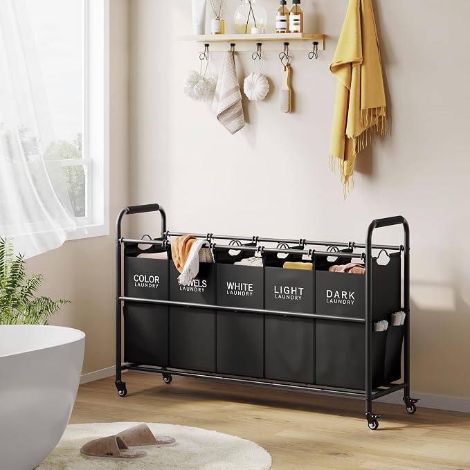Tajsoon 5 Bag Laundry Sorter Cart, 5 Section Laundry Hamper - Image 8