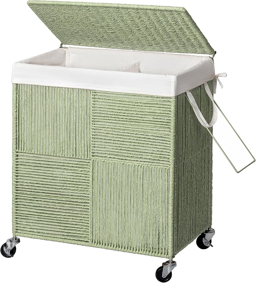 WOWLIVE Double Laundry Hamper with Wheels, Handwoven Rolling Laundry Basket