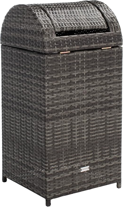 SAFAVIEH Outdoor Collection Mazeli Grey Brown Woven Swing Top Dome Lid Trash - Image 5