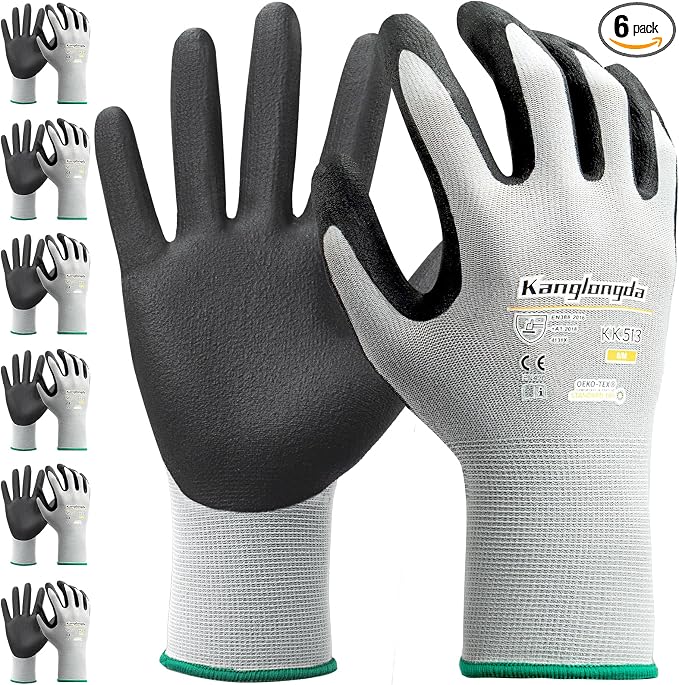6-Paris XXL Work Gloves for Men and Women, Nitrile Coated Safety Protective by KEBADA