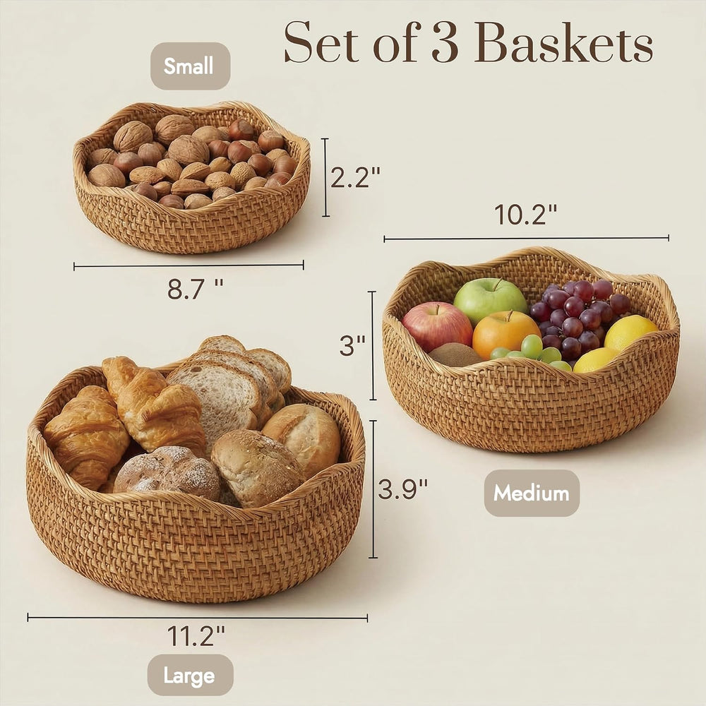 YANGQIHOME Rattan Bread Basket, Round Fruit Baskets, Wicker Storage Bowls, Na...