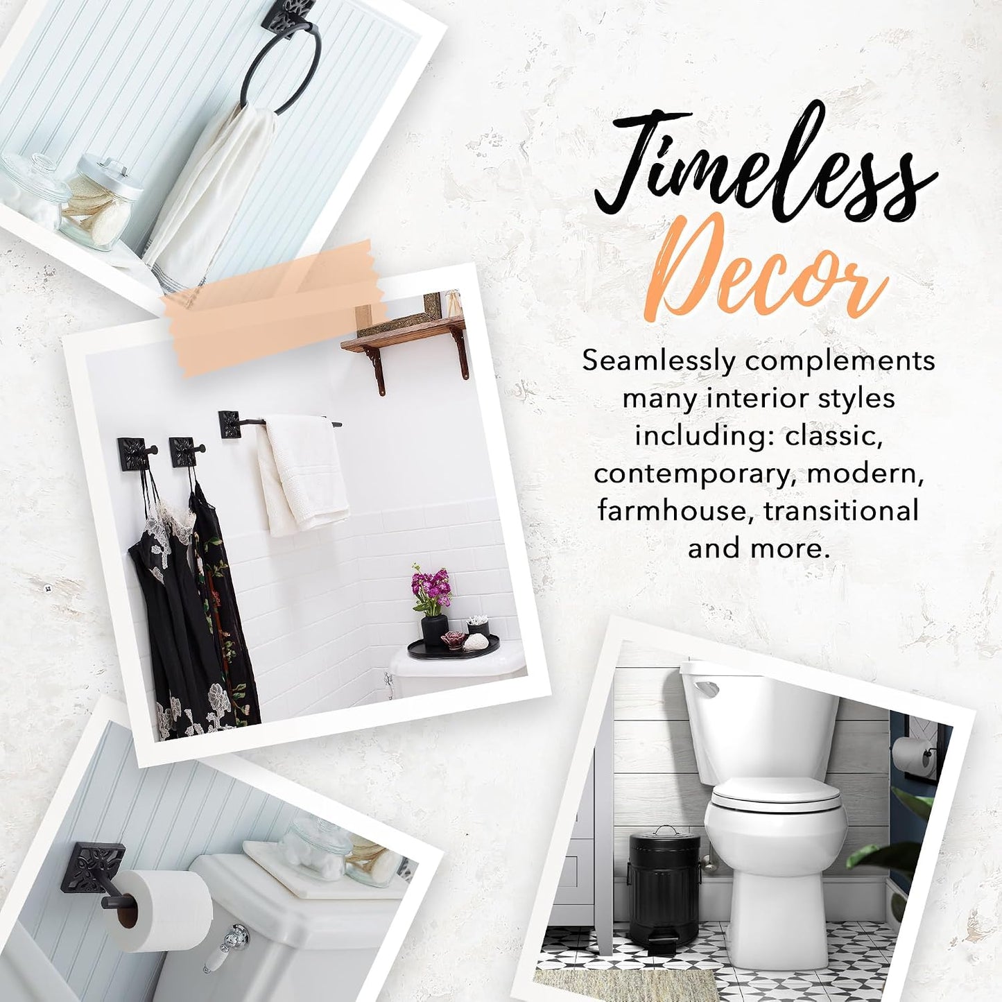 Autumn Alley Matte Black Farmhouse Bathroom Set – 5-Piece Hardware Kit with Towel Ring, TP Holder, Hooks & Metal Step Trash Can with Lid for Rustic, Modern Bathroom Décor