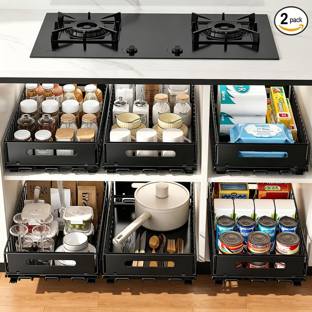 PureBox 2-Pack Pull Out Cabinet Organizer, Deep Storage for Pantry, Kitchen
