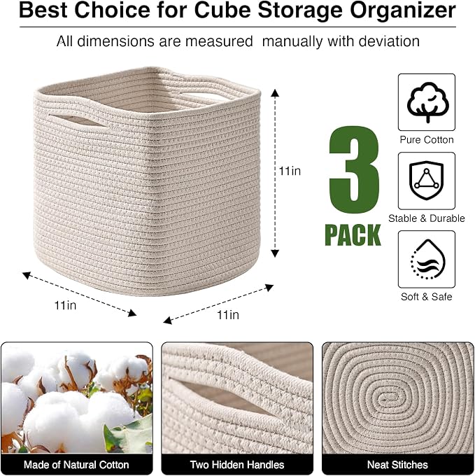 11 Inch Cube Storage Bins, Organizer Bins, Woven Cotton Rope Baskets - Image 3