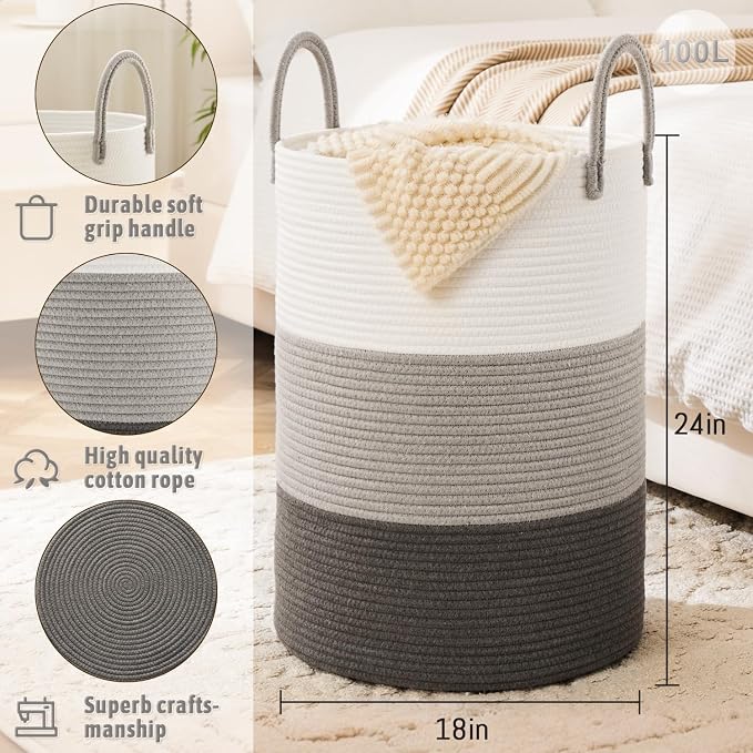 Laundry Basket, Woven Cotton Rope Laundry Hamper, 100L - Image 6