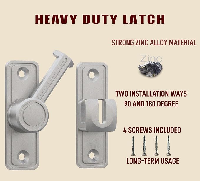 Barn Door Privacy Latch, 90°/180° Swing Slide Lock, Zinc-Alloy, Adhesive or - Image 4