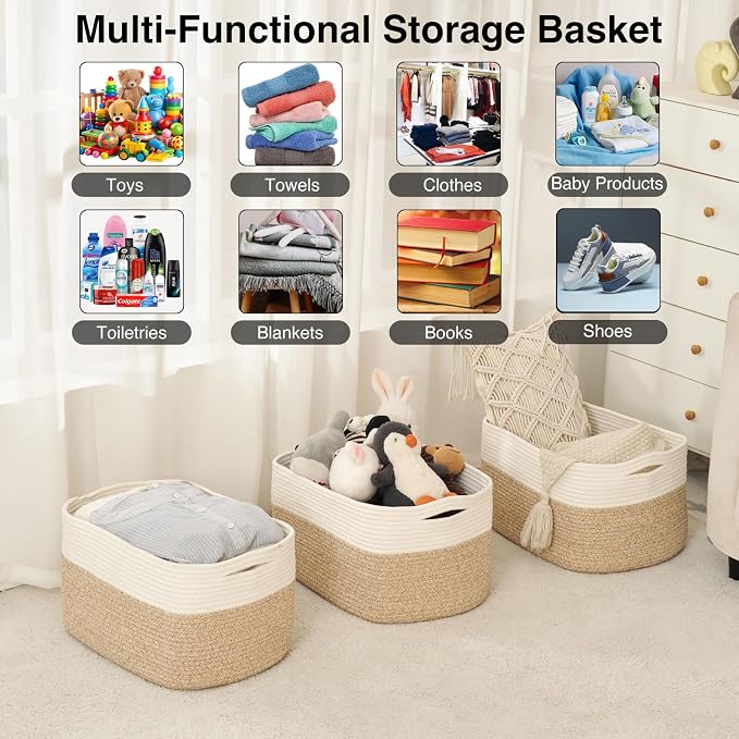 Large Storage Baskets for Organizing Shelves, Woven Cotton Rope Bins for Baby - Image 4