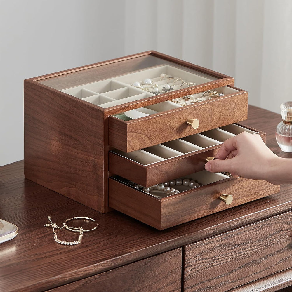 CHOSIN Black Walnut Jewelry Box Wood for Women with Glass Lid, 3 Layer