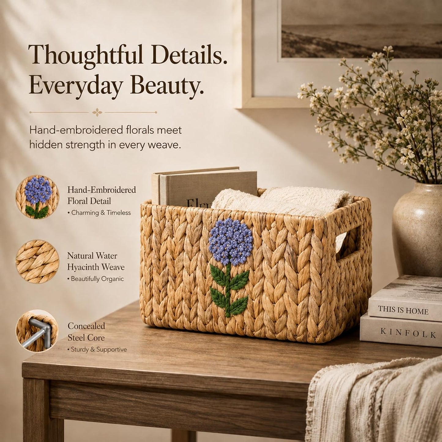Water Hyacinth Woven Decorative Baskets - Pantry Organizers and Storage | Set of 5 Handwoven Organizer Bins with Hand-Embroidered Flower, Built-in Handles, Shelf Baskets for Nursery, Bathroom