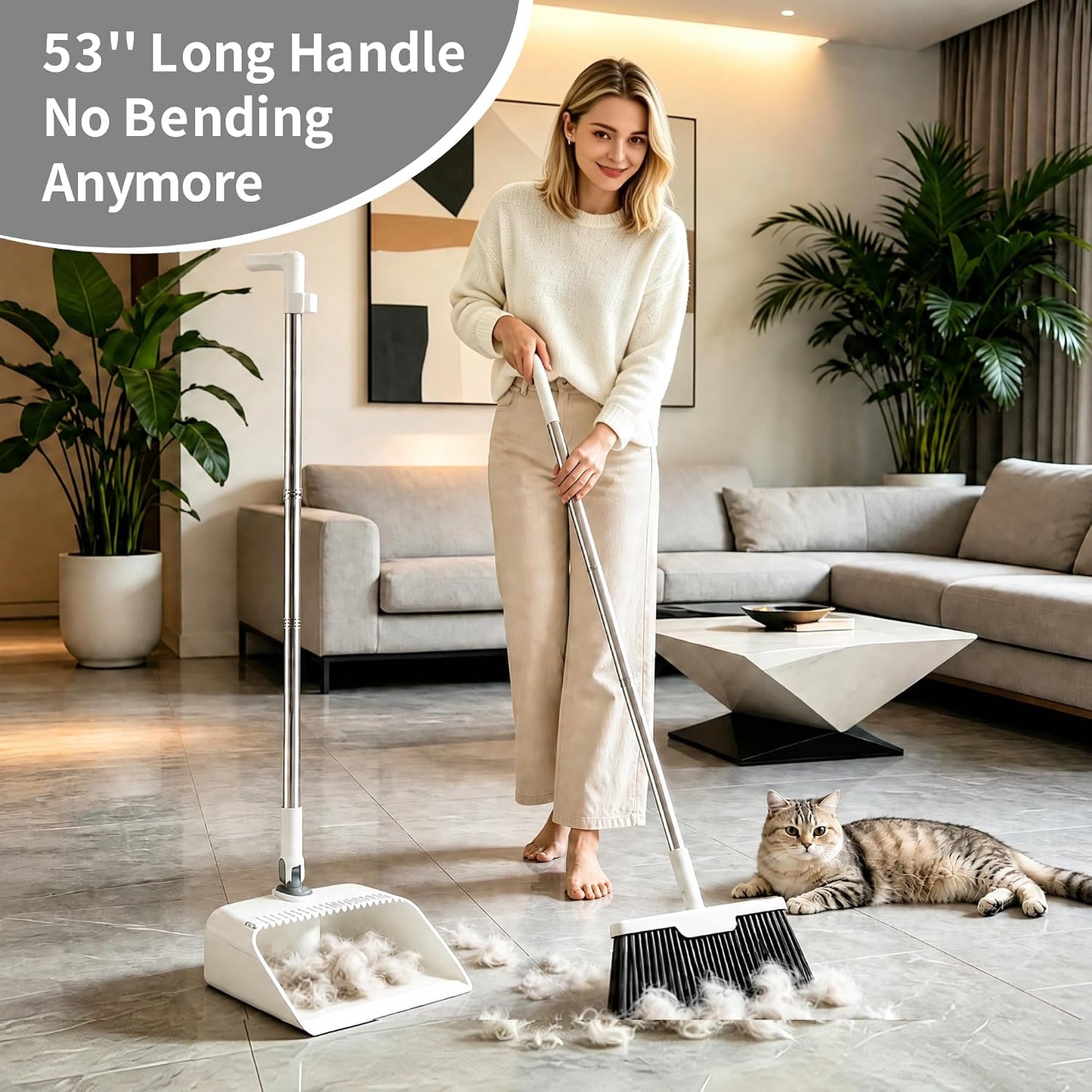 3 Pieces 52'' Broom with Dustpan Combo Set and Silicone Air Broom Kit, Long Handle Broom and Dustpan Sets with Teeth, Upright Storage Household Broom and Dustpan Sets Light Gery
