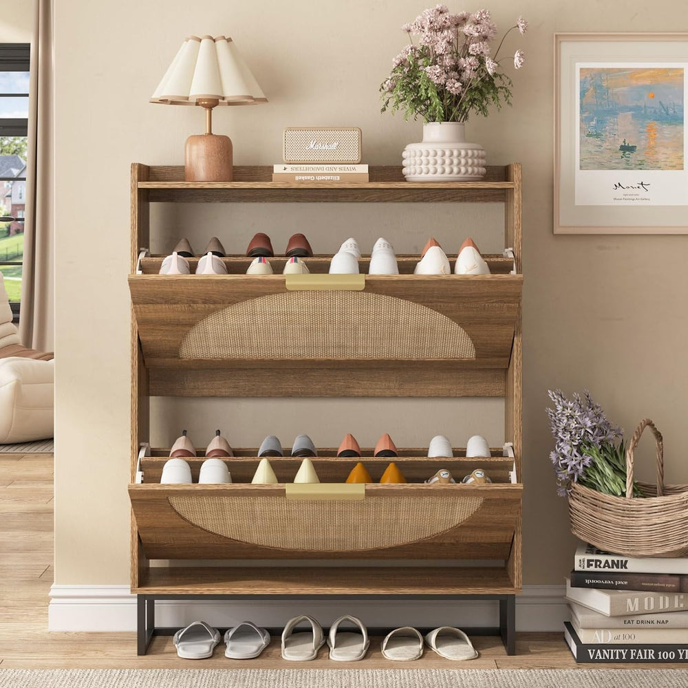 Maupvit Rattan Shoe Storage Cabinet with 2 Flip Drawers, Freestanding Shoe Or...
