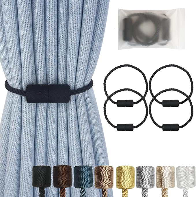 Magnetic Curtain Tiebacks 4 Pack Black Curtain Rope Tieback Curtain Holders by CURTAINTIEBACKS