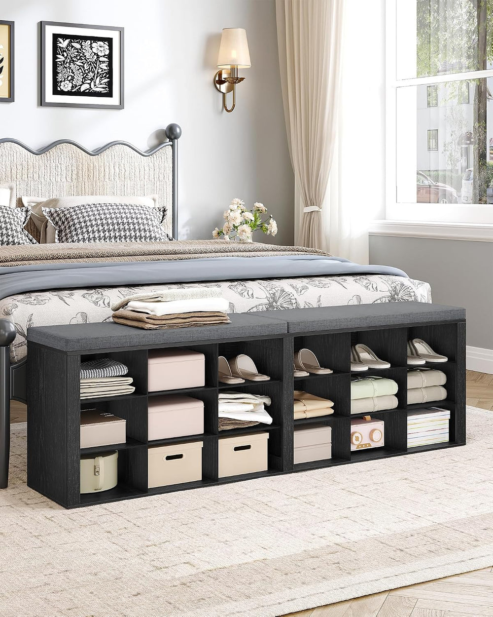 Hzuaneri Shoe Storage Bench with Cushion, Storage Bench with 18 Cubbies
