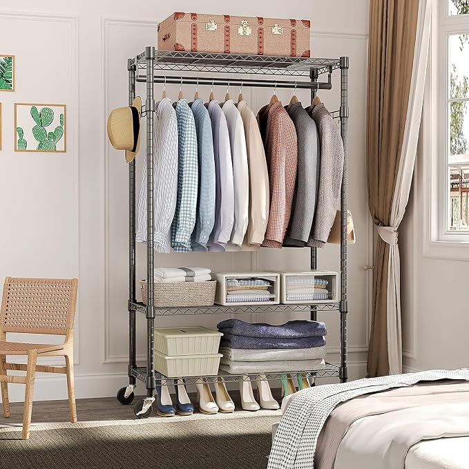 Heavy Duty Rolling Garment Rack 3 Tiers Adjustable Wire Shelving Clothes Rack - Image 5
