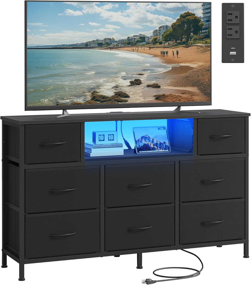 SONGMICS Dresser for Bedroom with Outlets & LED Lights, 8 Fabric Drawers