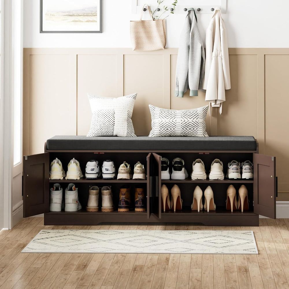 Homleke Shoe Storage Bench, 4 Doors & Thickened Padded Seat Cushion