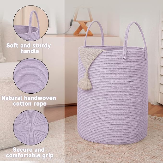 Large Woven Laundry Basket Hamper, 80L Cotton Rope Storage Bin - Image 6