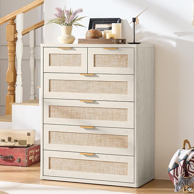 LEYAOYAO White Dresser for Bedroom Set of 2, Modern 6 Drawers Boho Rattan - Image 7