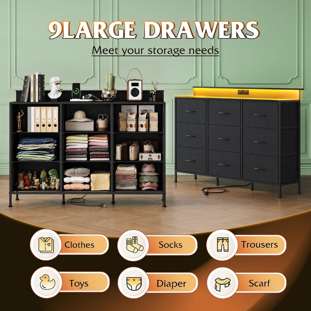 WLIVE Black Dresser TV Stand 9 Drawers, Fabric Chest of Drawers LED Lights
