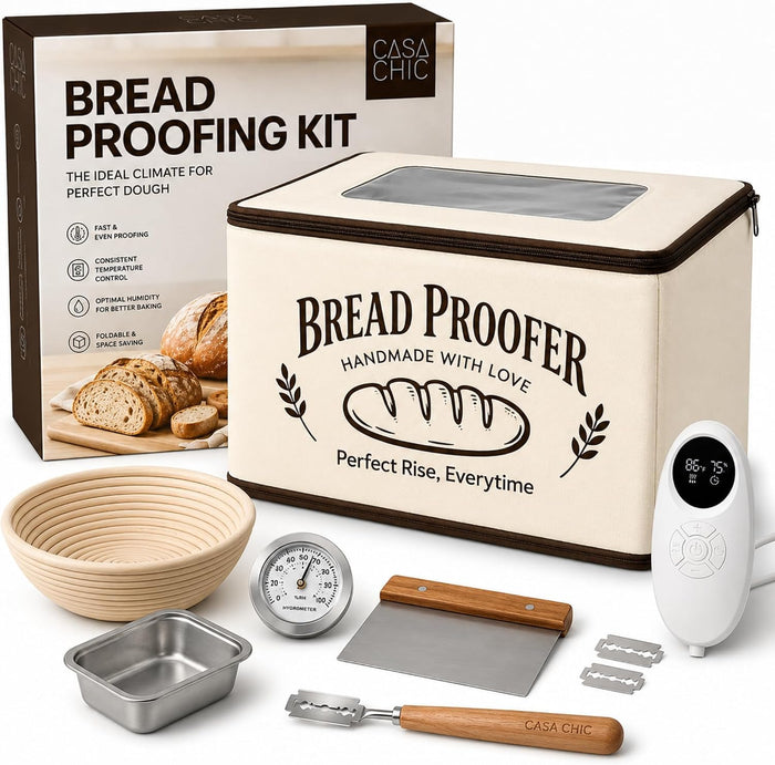 CasaChic Bread Proofing Box Kit - Folding Dough Proofer - Foldable Sourdough Warmer - 70-158°F Temp and 48H Timer Controller - Dough Warming Box, Banneton Basket, Lame, Scraper, Metal Rack