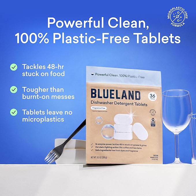 BLUELAND 100% Plastic-Free Dishwasher Detergent Tablets, Free & Clear, - Image 2