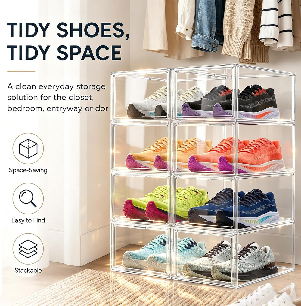12 Pack Clear Acrylic Shoe Boxes Fit Size 12, Front Door for Small Closets