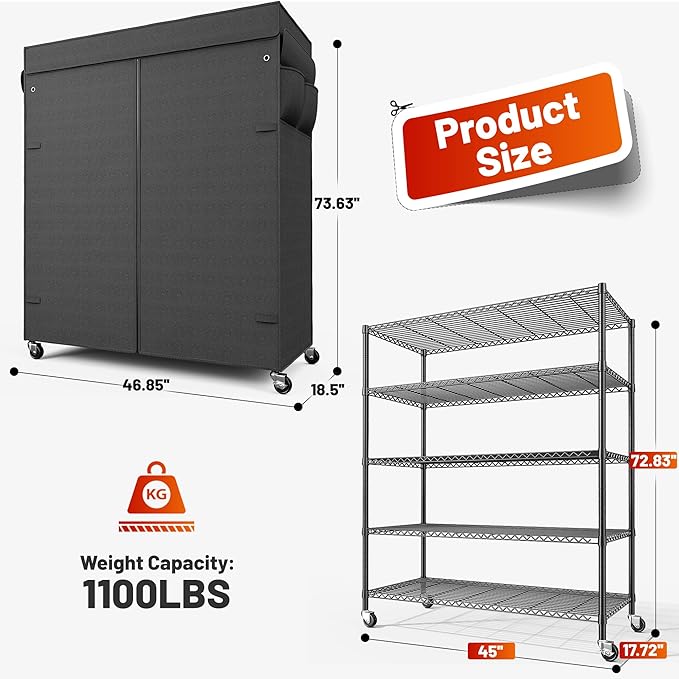 REIBII 45''W Storage Shelves Waterproof Metal Shelving Cover Dustproof Wire - Image 3