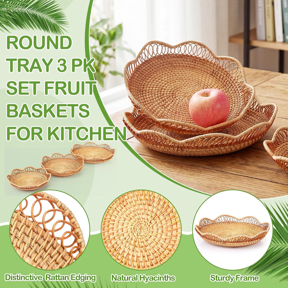 3 Pcs Rattan Bread Fruit Basket for Serving, Wicker Bread Tray Woven Round Fr...
