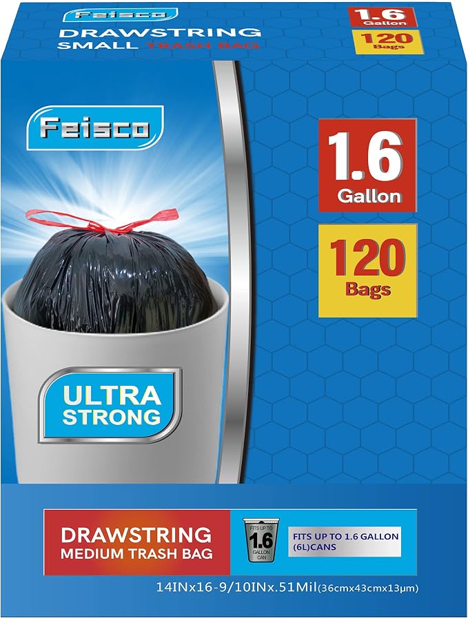 Feisco 1.6 Gallon Black Trash Bag, 6L Drawstring Garbage Bag Trash Can Liner - Image 2
