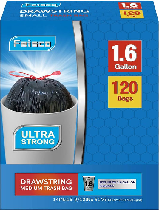 Feisco 1.6 Gallon Black Trash Bag, 6L Drawstring Garbage Bag Trash Can Liner - Image 2
