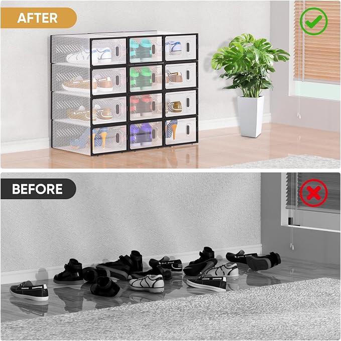 BALEINE 12 Pack Stackable Shoe Storage Boxes Fit Size 9, Thickened Clear Shoe - Image 7