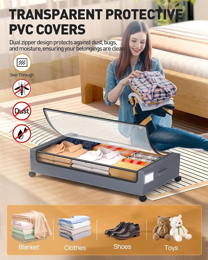 Under Bed Storage With Wheels, 2 Pack Square Containers, 60L Bins, Rolling - Image 4