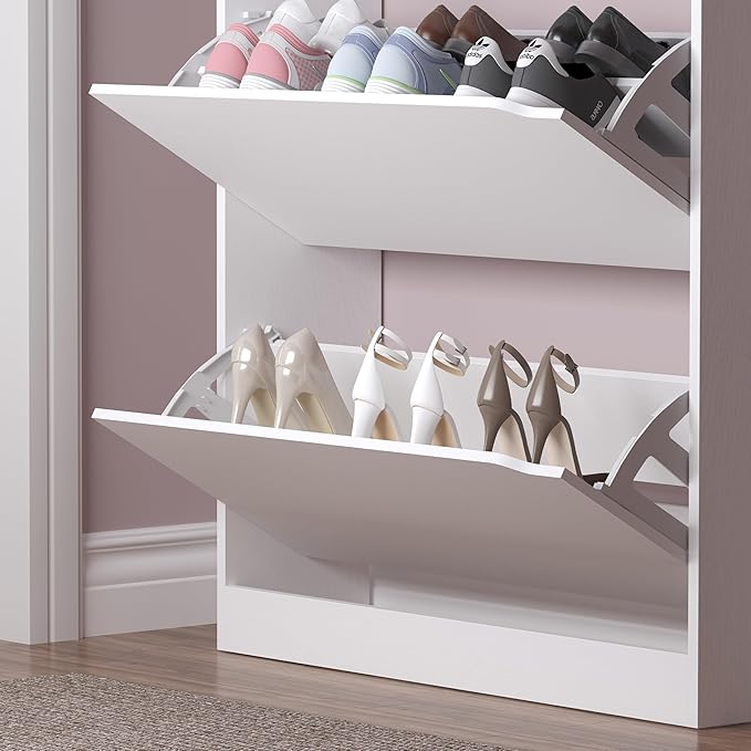 Shoe Cabinet with 3 Flip Drawers & Coat Rack, Narrow Hidden Shoe Storage ...