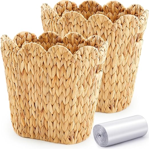 2 Pcs Wicker Trash Can with 50 Small Trash Bag Wicker Waste Woven Basket with by Ziliny