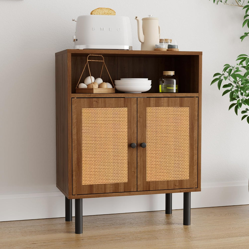 Rattan Storage Cabinet, Boho Accent Cabinet with Double Doors