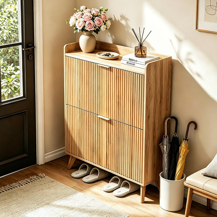 Fluted Shoe Cabinet Storage with 2 Flip Drawers, Wood Narrow Hidden Shoe Organizer with Adjustable Shelf for Entryway, Freestanding Slim Shoe Rack for Hallway Living Room, Saving Space, Oak